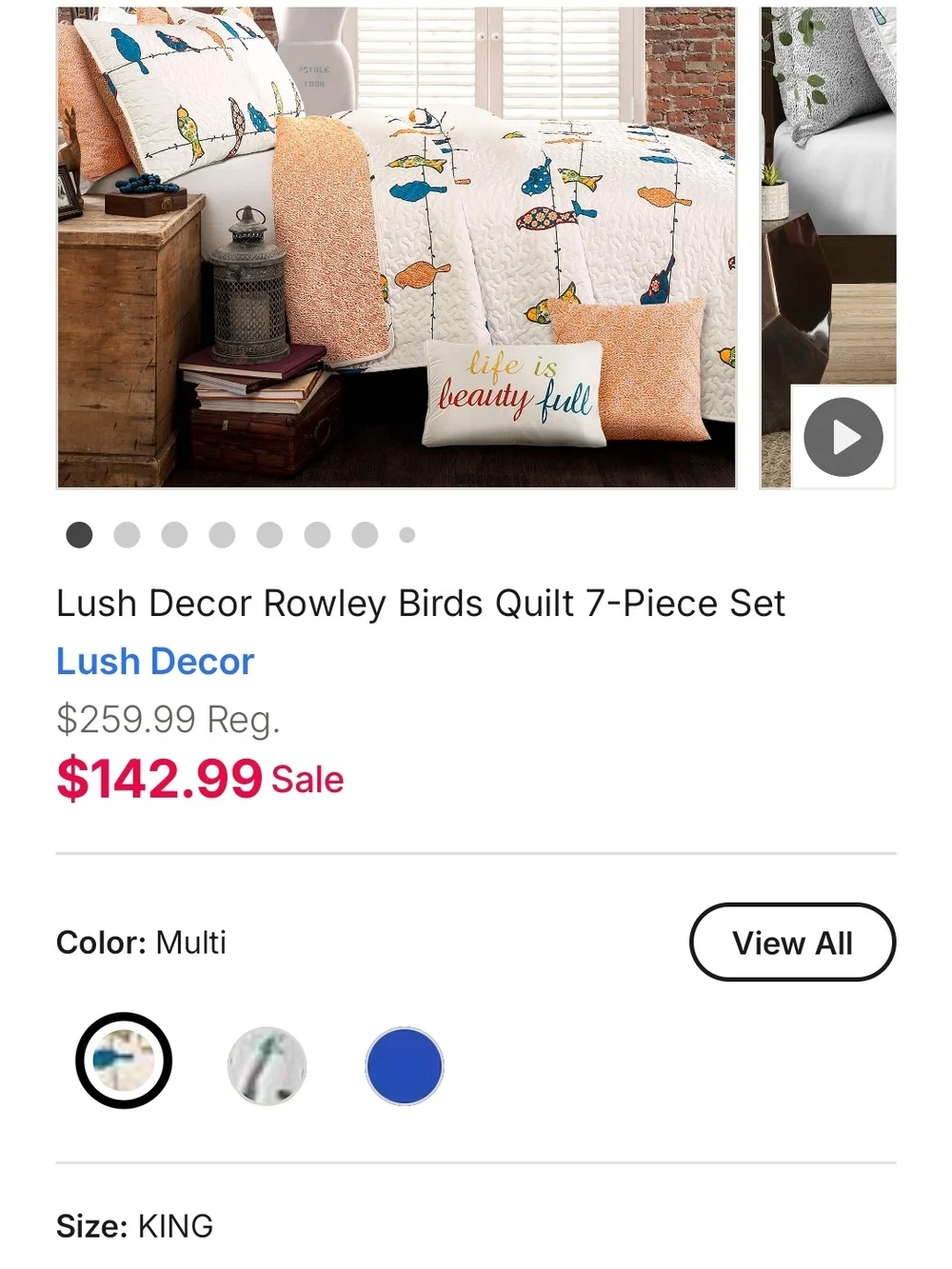 King Size Quilt Set With Birds. Bramd New.